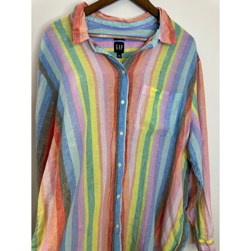 GAP 100% Linen Boyfriend Shirt Striped Button Down Women's Size XXL Coastal Vaca - Picture 4 of 14